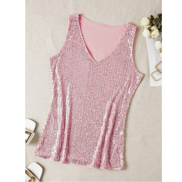 All Over Sequin Pink V-Neck Cami Top - Picture 3 of 5